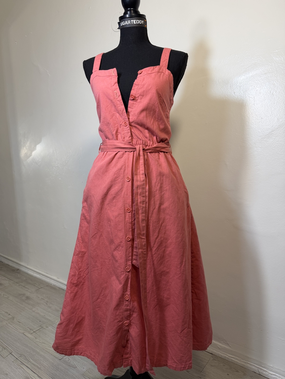 Pact Coral Button-Front Midi Dress with Tie Waist
